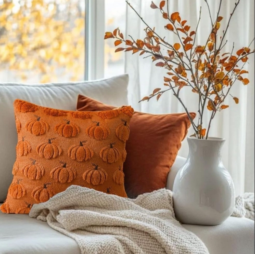 Fall Pumpkin Pillow Covers Set Of 2 Rust  Orange Zip Closure Autumn 18x18 NEW